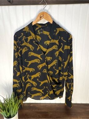 Worthington Black & Gold Leopard Animal Print Faux Wrap Blouse